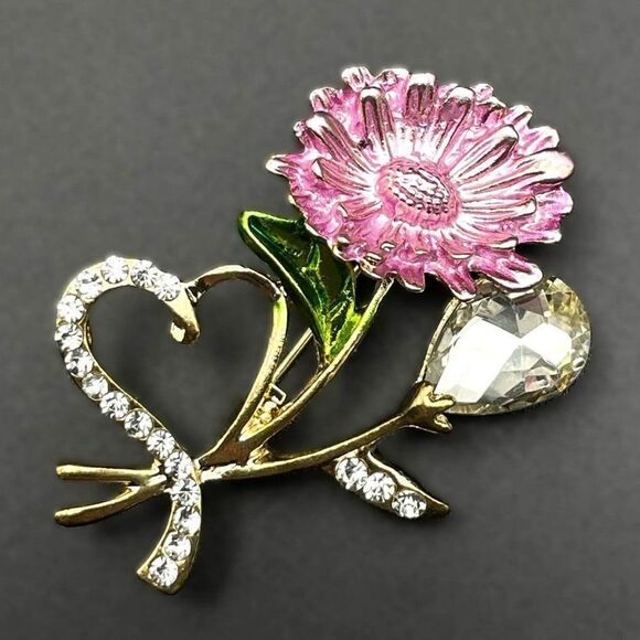 Yellow Gold with White Diamond Crystal Enamel Daisy and Heart Pin Back Brooch - Picture 1 of 7
